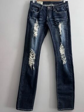 Machine Jeans Distressed Straight Leg Denim Dark Wash Y2K Low Rise